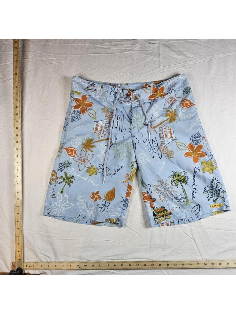 LASC Board Shorts Men's Medium Blue Hawaiian Tropical Aloha Print Swim Trunks...